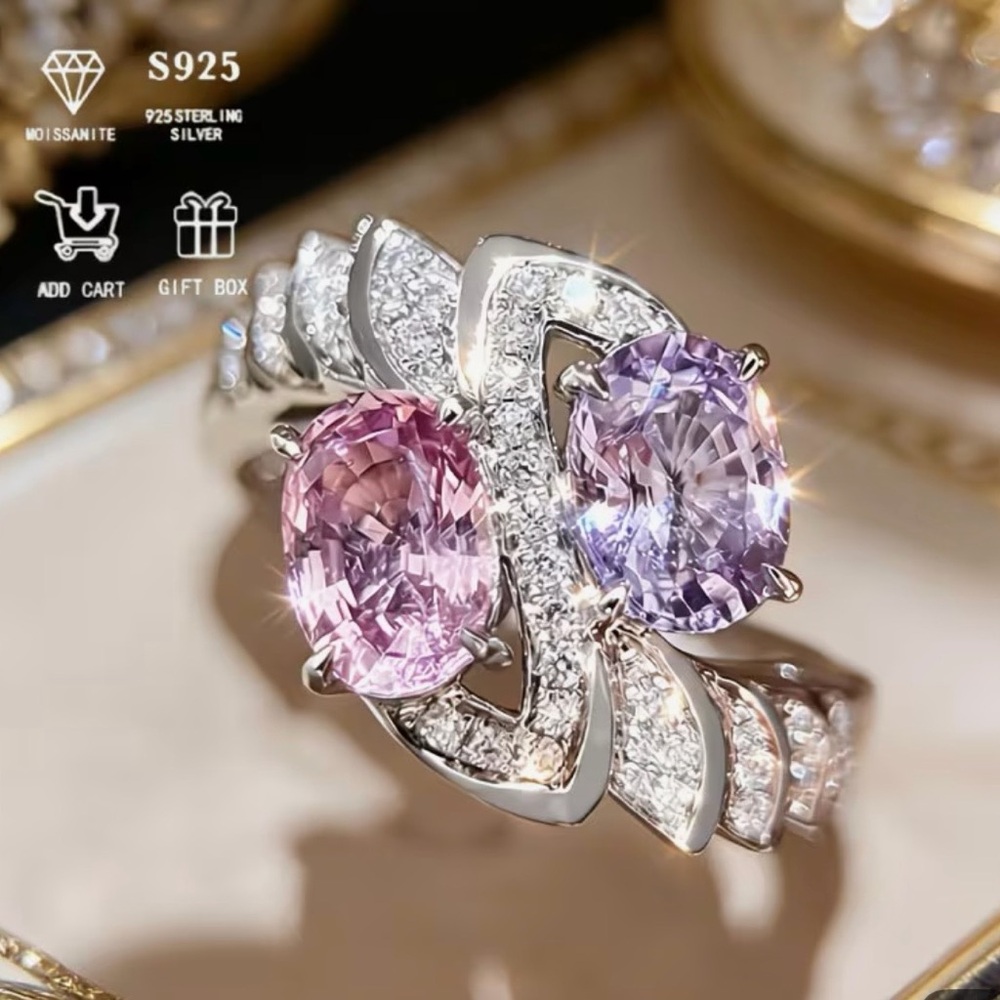 Moissanite Sterling Silver Ring with Pink and Purple Stones